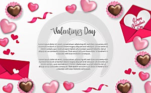 Happy valentine`s day greeting card banner template with sweet 3d heart shape and envelope love letter frame decoration