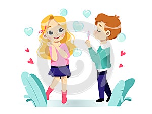 Happy Valentine s Day Greeting Card Concept. Couple In Love Is Flirting, Smiling and Blowing Soap Bubbles. Flat Style
