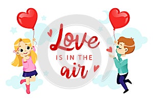 Happy Valentine s Day Greeting Card Concept. Couple In Love Is Flirting And Smiling. Boy And Girl Are Holding Air