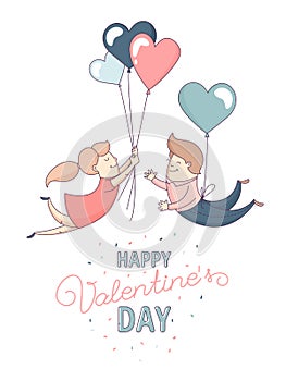 Happy Valentine`s Day greeting card couple love flying heart balloons.