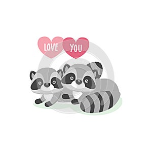 Happy Valentine`s Day greeting card with cute couple raccoons in love.