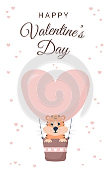 Happy Valentine's day greeting card with cute tiger, hot air balloon, hearts and text. Vector illustration.