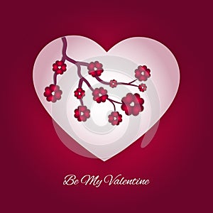 Happy Valentine`s Day greeting card design with big heart in the middle, inside a heart a flowering tree branch