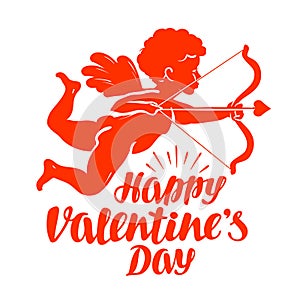 Happy Valentine`s Day, greeting card. Flying angel or cupid with bow and arrow.