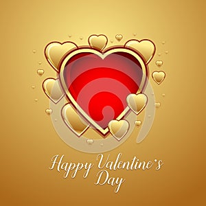 Happy Valentine`s Day Greeting Card on gold background, vector illustration.