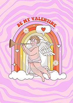 Happy Valentines Day greeting card. Groovy hippie cupid with flute, rainbow, clouds, hearts and flowers.