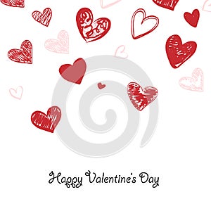 Happy Valentine`s day greeting card. Hand drawn red hearts