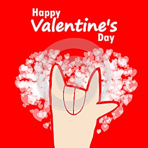 Happy Valentine`s day greeting card with Hand symbol showing Love, poster of hearts Isolated on red background Vector illustration