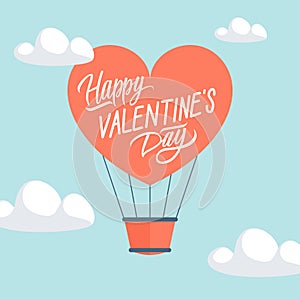 Happy Valentine`s Day greeting card with heart shape hot air balloon