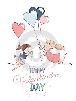 Happy Valentine`s Day greeting card homosexual female couple heart balloons