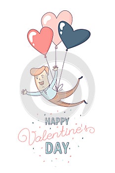 Happy Valentine`s Day greeting card male character flying heart balloon