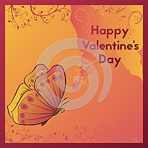 Happy Valentine`s Day. Greeting card in orange tones with the image of a butterfly.