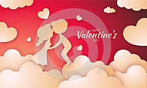 Happy Valentine\'s Day Greeting Card, Paper Cut Illustration of Kids Couple Kissing Each Other and Golden Clouds Decorated