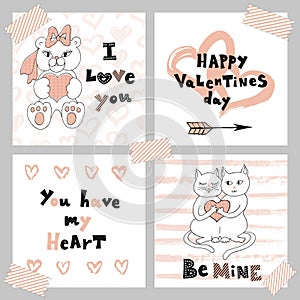 Happy Valentine s day. Greeting card set with cute kittens and teddy bear. Cute Hand drawn holiday cards and invitations