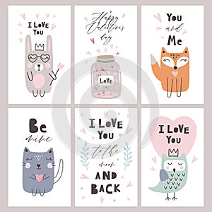 Happy Valentine`s Day greeting card set with hearts and cute animals, vector