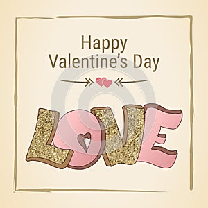 Happy Valentine`s Day greeting card set. Love. Gold and pink col