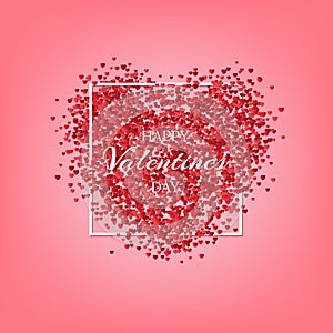 Happy Valentine`s Day greeting card template. Vector red hearts and Happy Valentine`s Day text on pink background.