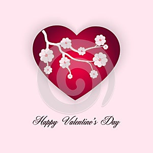 Happy valentine`s day greeting card with text. Vector illustration with big heart in the middle, inside a heart a flowering tree