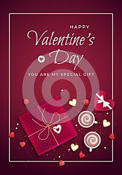 Happy Valentine`s Day greeting card. Top view on gift boxes, candy lollipop, cookies in the form of heart, two cups of coffee.