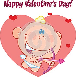 Happy Valentine's Day Greeting With Cute Baby Cupid Flying With Bow And Arrow