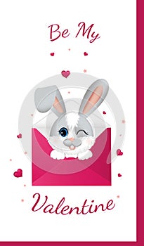 Happy Valentine's Day. Greeting postcard with pink hearts and little rabbit (hare).