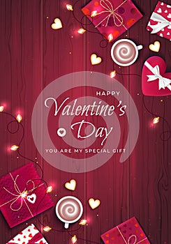 Happy Valentine`s Day greeting Vertical background. Top view on gift boxes in different packaging, confetti, garlands cookies