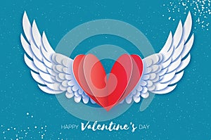 Happy Valentine`s Day Greetings card. Origami angel wings and romantic red heart. Love. Winged heart in paper cut style