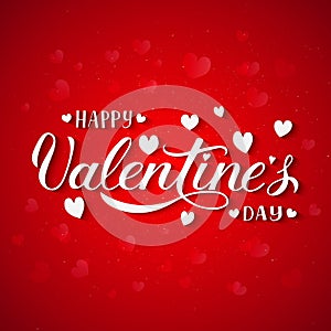Happy Valentine s Day hand lettering with hearts on red background. Valentines day greeting card. Easy to edit vector template