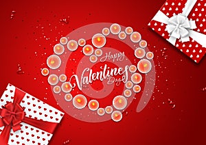 Happy Valentine`s Day, holiday banner. Lighted candles, put in the form of a heart on a red background, a gift. Greeting card,