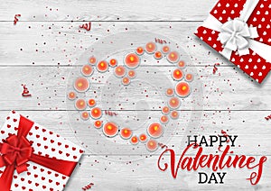 Happy Valentine`s Day, holiday banner. Lighted candles, put in the form of a heart on a white background, gift. Greeting card,