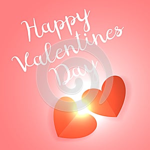 Happy Valentine`s Day. Holiday banner with a pair of red connecting hearts with a bright glow in between. Conceptual illustration