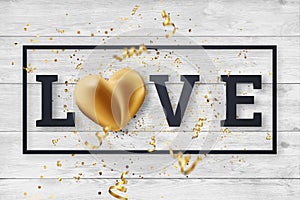 Happy Valentine`s Day, holiday banner. The word love on a light background, golden heart, confetti, white gold. Greeting card,