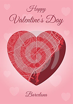 Happy Valentine`s day holiday card with Barcelona map in heart shape. Romantic city travel cityscape. Vertical A4 pink and red