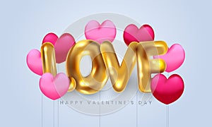 Happy valentine`s day. Love 3d realistic balloon text with real pink beautiful loveheart photo