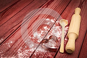 Happy Valentine`s day holiday love and cooking flour background
