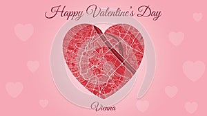 Happy Valentine`s day horizontal holiday card with Vienna map in heart shape. Romantic city travel cityscape. Pink and red color