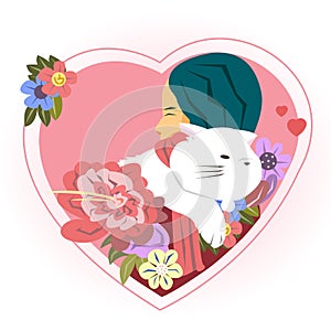 Happy Valentine`s Day with hug girl and cat, Valentines Day background girl and animal friendship