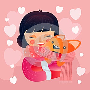 Happy Valentine`s Day with hug girl and dog, Valentines Day background girl and animal friendship