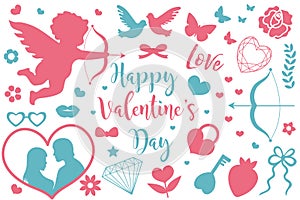 Happy Valentine`s Day icon set of stencil silhouettes. Cute romance love collection of design elements with cupid, heart