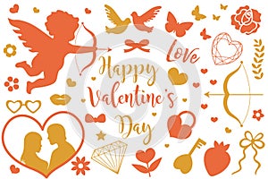 Happy Valentine s Day icon set of stencil silhouettes. Cute romance love collection of design elements with cupid, heart