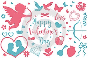 Happy Valentine`s Day icon set of stencil silhouettes. Cute romance love collection of design elements with cupid, heart photo