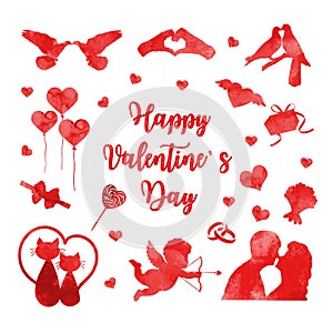 Happy Valentine`s Day icon set of watercolor silhouettes. Cute romance love collection of design elements with heart