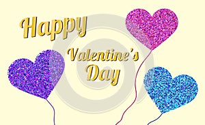 Happy Valentine`s Day inscription, vector. Decorative abstract background with gold glitter shiny heart.