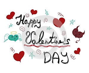 Happy Valentine`s day lettering with hearts, stars. angel, devil. Poster design. Love poster. Postcard design