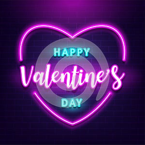 `Happy Valentine`s Day` lettering neon color on brick wall background retro style