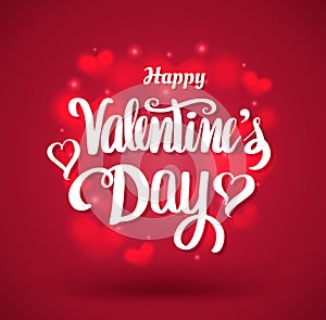 Happy Valentine`s day lettering on red hearts background.