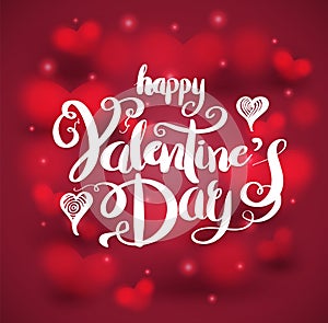 Happy Valentine`s day lettering on red hearts background.