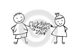 Happy Valentine`s Day. Linear boy and girl