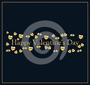 Happy valentine`s day with little hearts of gold color on a blue black background and the inscription of gold color