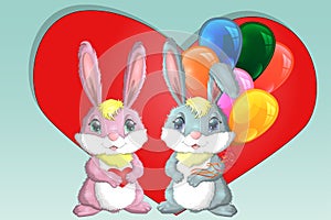 Happy valentine's day. Love card. A pair of cute bunnies girl and boy, pink and deep against a heart. Concept of love confession,